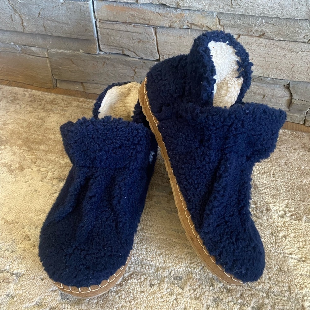L.l Bean Cozy Slippers Booties Pull On Borg Sherpa Fleece Dark Blue: 10